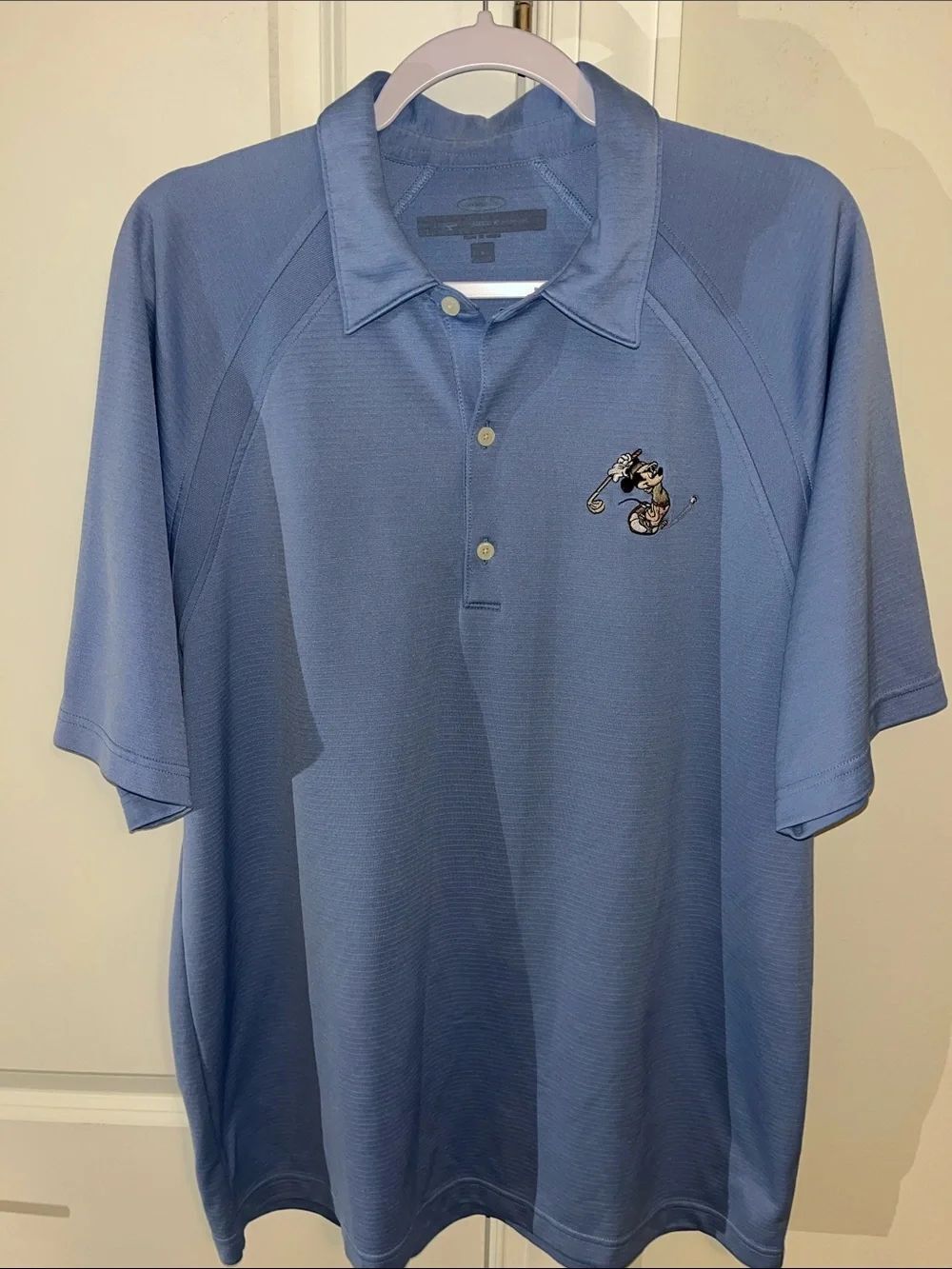Blue Mickey Mouse Golfing Disney SS golf polo shirt L Greg Norman Shark Teeth